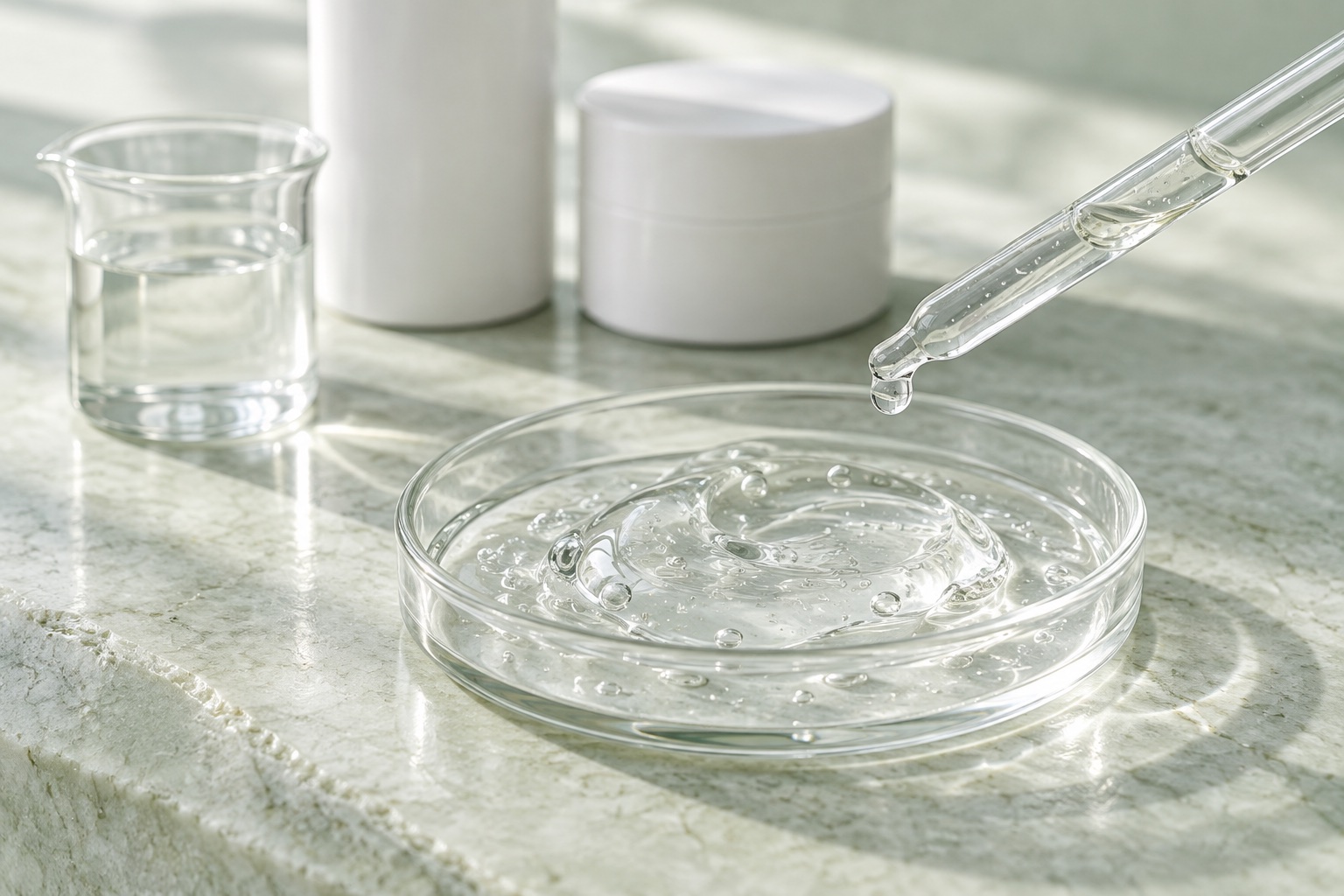 Illustrative formulation glassware and cosmetic gel in natural light
